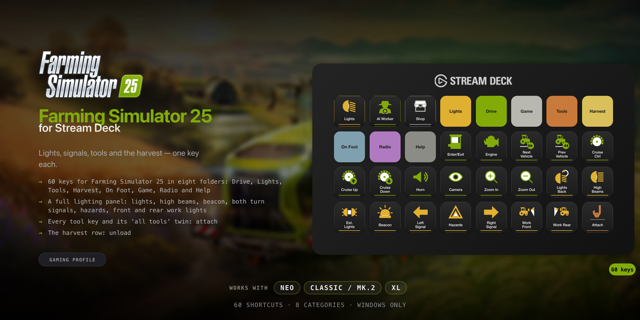 Farming Simulator 25 Stream Deck profile — the store artwork, showing its keys laid out on a deck