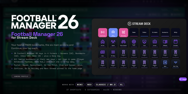 Football Manager 26 Stream Deck profile — the store artwork, showing its keys laid out on a deck