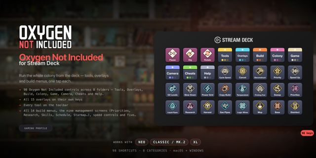 Oxygen Not Included Stream Deck profile — the store artwork, showing its keys laid out on a deck